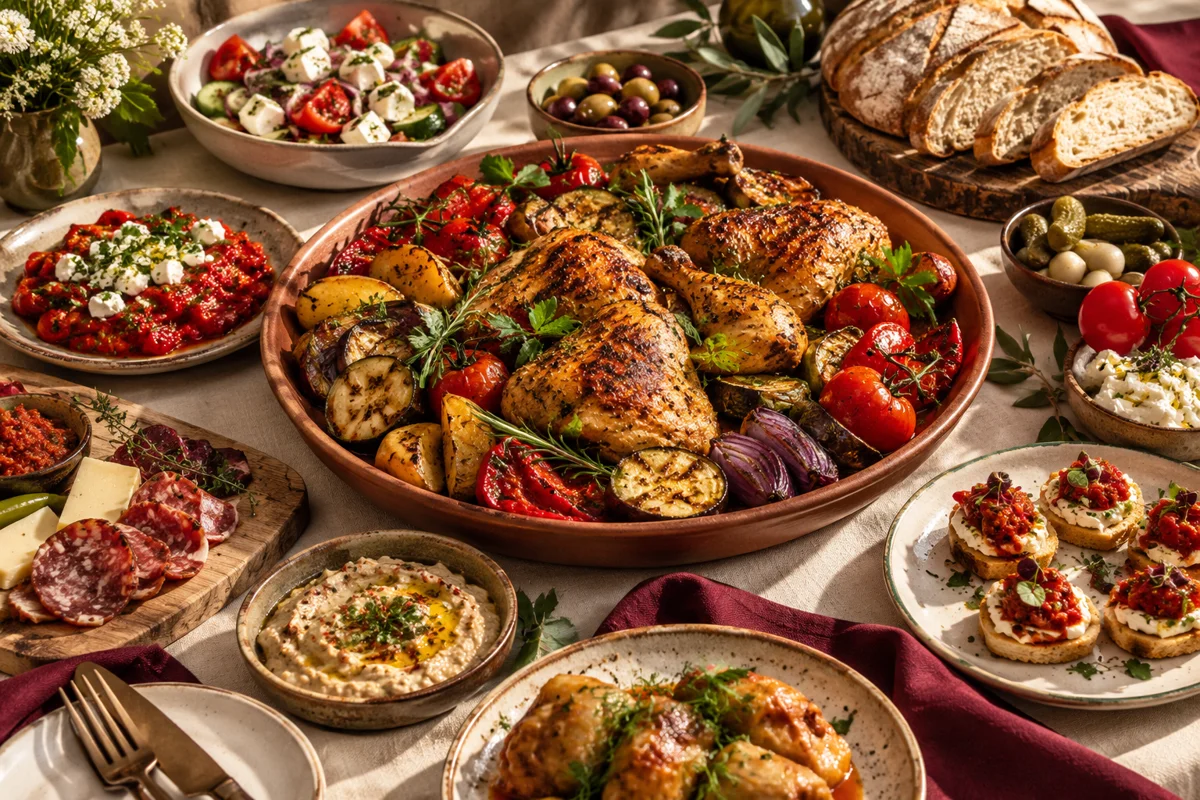 Selecție ilustrativă de preparate, legume coapte și aperitive pentru catering