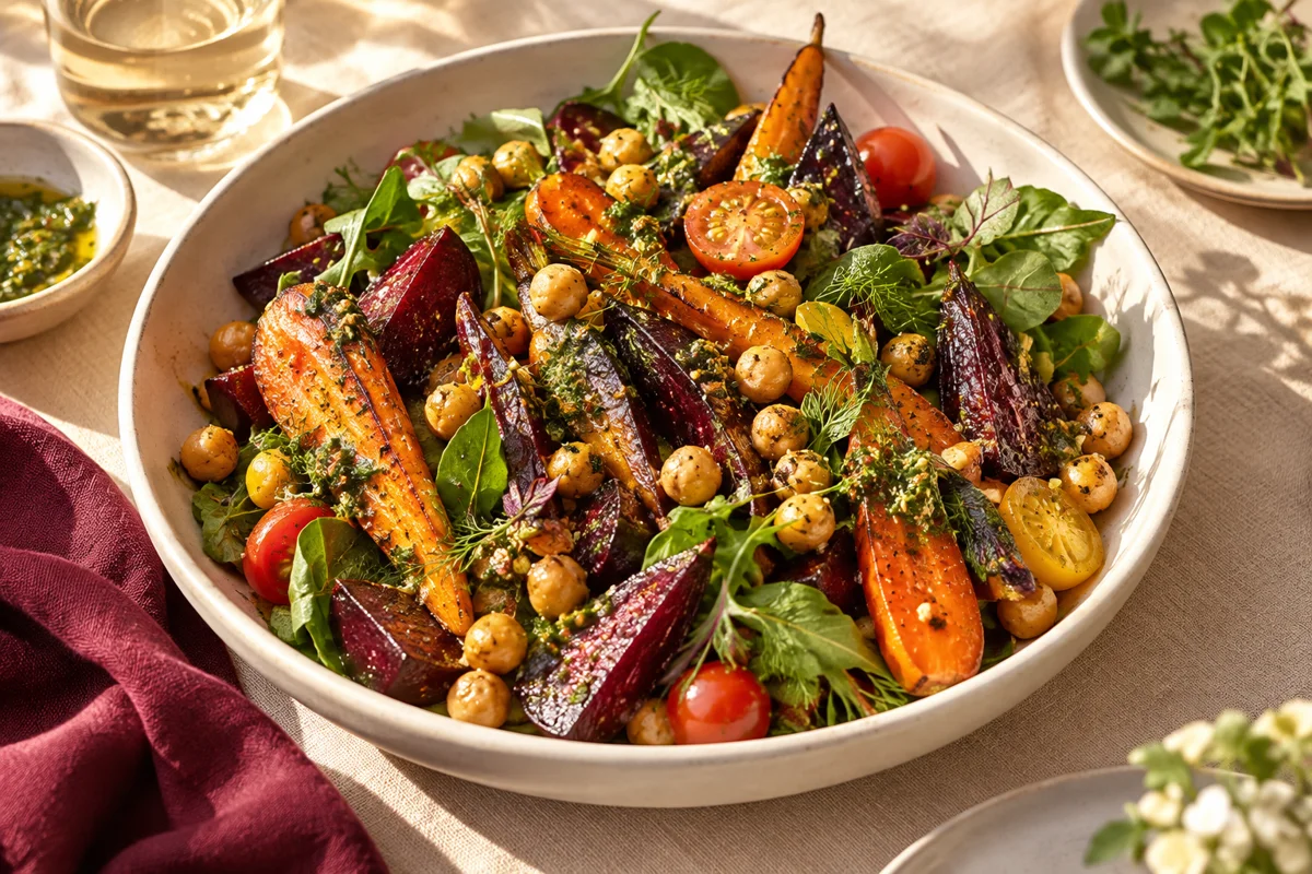 Exemplu de salată colorată cu legume coapte și verdețuri